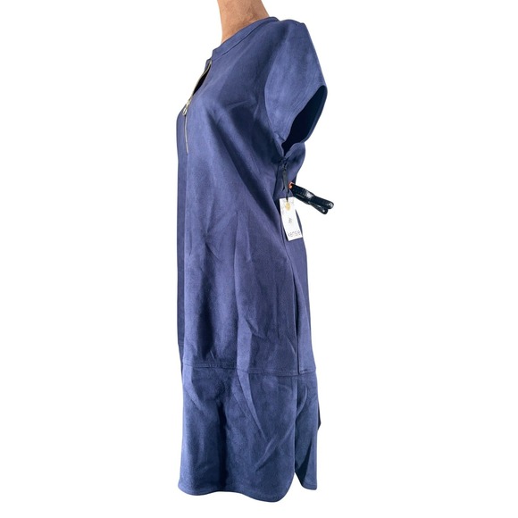 Kensie Faux Suede Shift Dress Women 14 Navy Blue Gold Zipper Front Pockets NWT - Picture 4 of 11